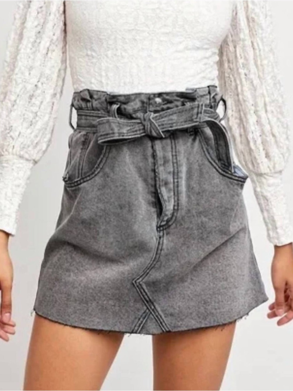 We The Free Gray Washed Denim Belted Paperbag Mini Skirt